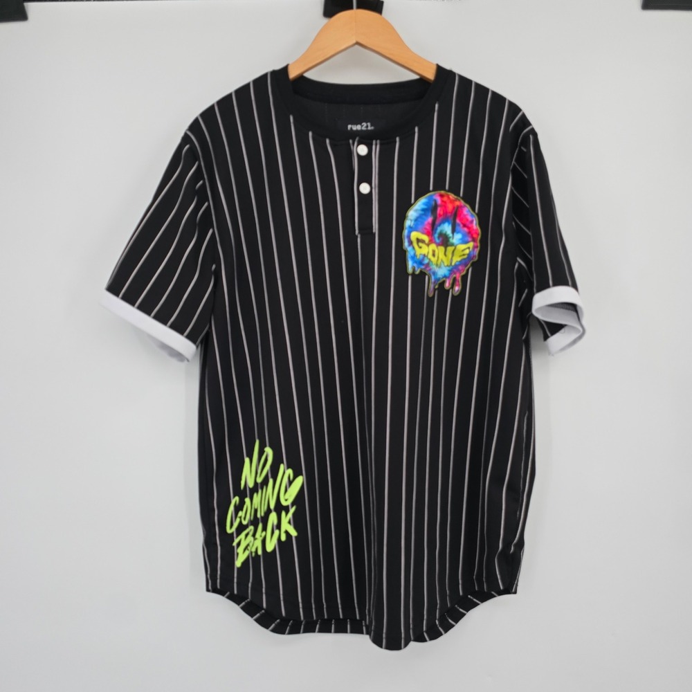 Rue21 Mens Mentally Gone Pinstripe Baseball Jersey Shirt Medium‎ Psychedelic